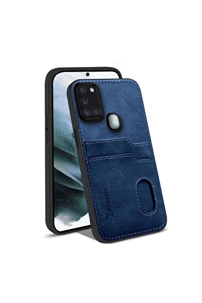 Zebana Samsung Galaxy A21s Uyumlu Kılıf Kartlıklı Lüx Deri Kılıf Lacivert
