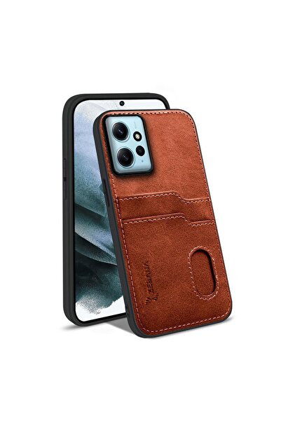 Zebana Xiaomi Redmi Note 12 Uyumlu Kılıf Kartlıklı Lüx Deri Kılıf Kahverengi