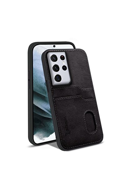 Zebana Samsung Galaxy S22 Ultra Uyumlu Kılıf Kartlıklı Lüx Deri Kılıf Siyah