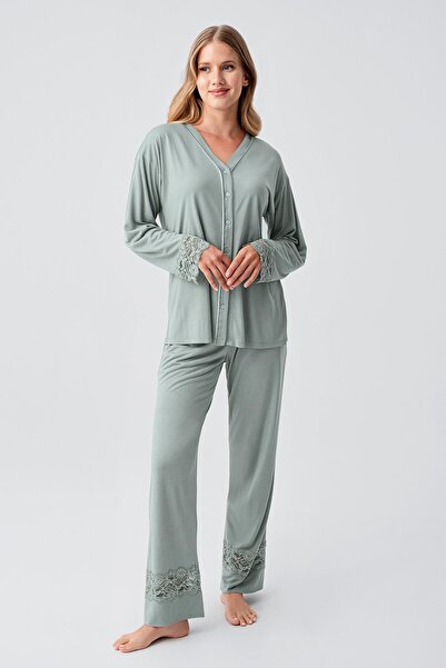 Artış Μακρυμάνικο κουμπωτό δαντελωτό ελαστικό σετ πιτζάμες