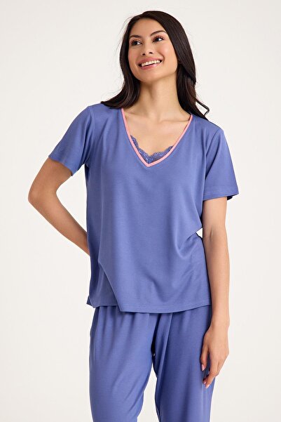Amarelle Set de pijamale din viscoză gri albastru cu decolteu în V cu detaliu din dantelă