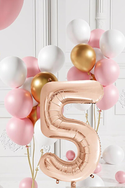 tedaks 5 Yaş Retro Gold Pembe Beyaz Balon Seti Rose Gold Rakamlı Doğum Günü B...