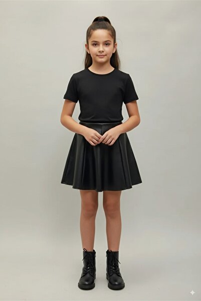 WAYS Fusta neagră pentru fete din imitație de piele, 8 piese, cu talie elastică