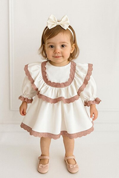Hobidik Baby Girl Kids Off White Dusty Rose Crepe Fabric Ruffle Dress