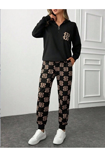 Bijuterria Women's Long Sleeve Two Thread Fabric Zipper And Pocket Detail Hooded Double Suit