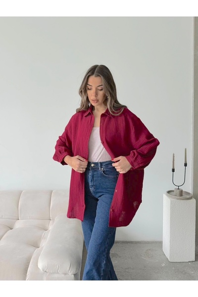 URİS قميص نسائي فاخر من القماش المسلم باللون العنابي