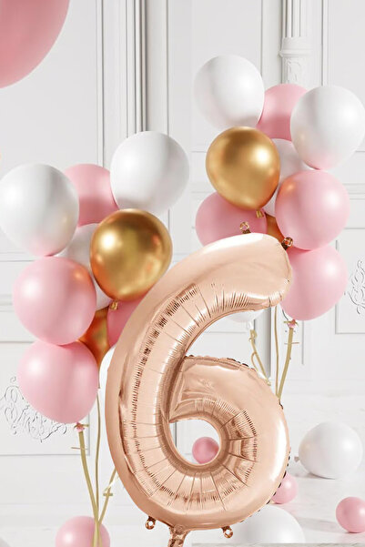 tedaks 6 Yaş Retro Gold Pembe Beyaz Balon Seti Rose Gold Rakamlı Doğum Günü B...