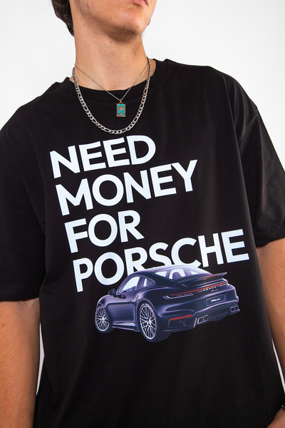 Sekizbiraltı V4 Need Money for Porsche Printed Oversize Unisex Black T-Shirt