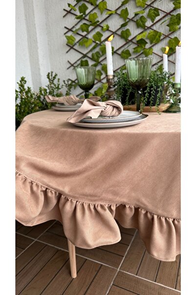 Decamor home Velvet Textured Vintage Milk Coffee Frilly Round Tablecloth Hassle-Free (Napkin Not Included)