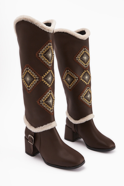 Limoya Hilka Brown Color - Αφαιρούμενες γυναικείες μπότες με έθνικ σχέδιο