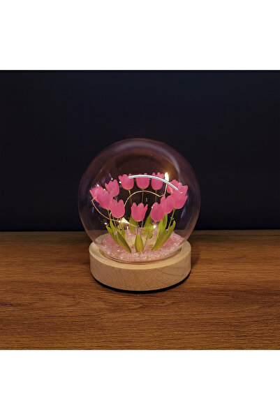 Store LED Cam Küre Fanus Romantik Laleler - Şık Ev-Ofis Masaüstü Gece Lambası...