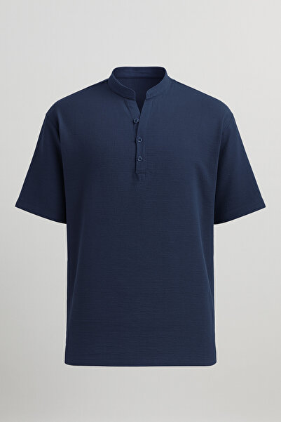 Valiberta Wes Oversize Half Placket Bamboo Short Sleeve Shirt - Navy Blue