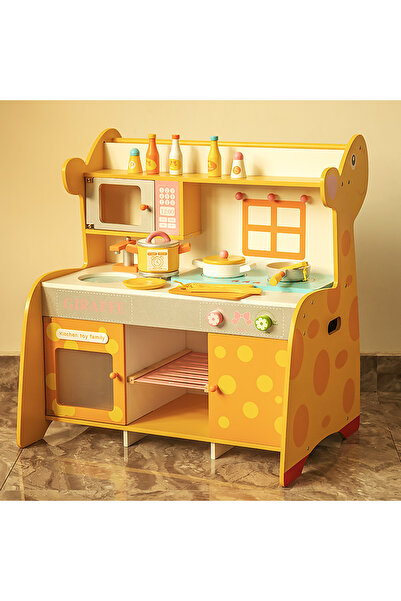 OEM Bucatarie din Lemn Montessori Girafa, Galbena, Set Complet pentru Gatit, Chiuveta, Cuptor, Microunde