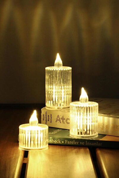 Ozsport 3lü Kristal Desenli Led Mum Seti Pilli Dumansız Alevli Ledli Dekorati...