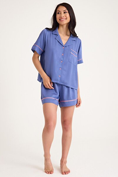 Amarelle Dream Grey Blue viskózový pyžamový komplet s krátkým rukávem a šortkami s knoflíky vpředu