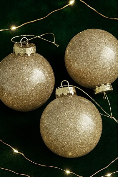 BeySüS Yılbaşı Çam Ağacı Süsü Parlak Özel Gold Simli Holiday Cici Top 8cm 3'lü