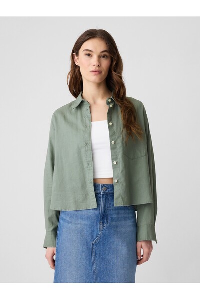 GAP Kadın Yeşil Keten Karışımlı Crop Gömlek