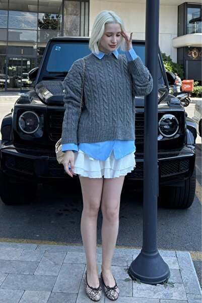 Madmext Antrasit Bisiklet Yaka Örgü Desenli Kadın Triko Kazak MG2520