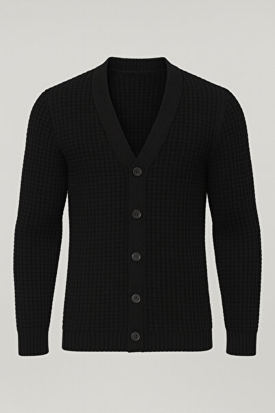 Valiberta Nopenli Fitil Örgü Düğmeli Hırka - Siyah