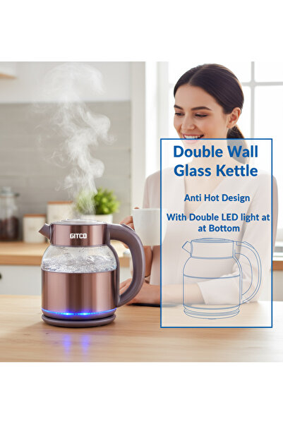 GITCO Electric Double Wall Glass Kettle 1.8L Capacity with Auto Shut-Off, Fast Boiling & Dry Protection