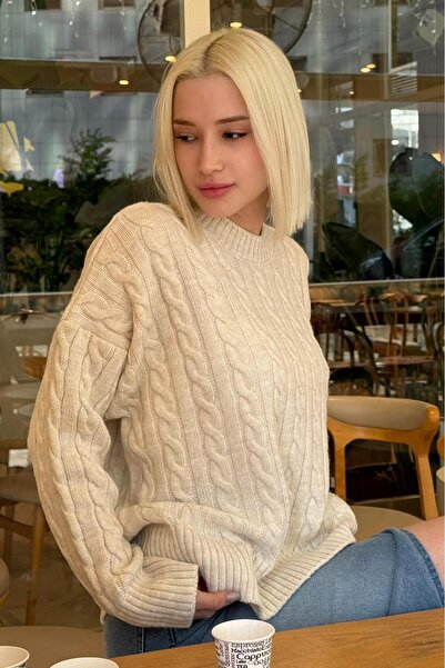 Madmext Ekru Bisiklet Yaka Örgü Desenli Kadın Triko Kazak MG2520