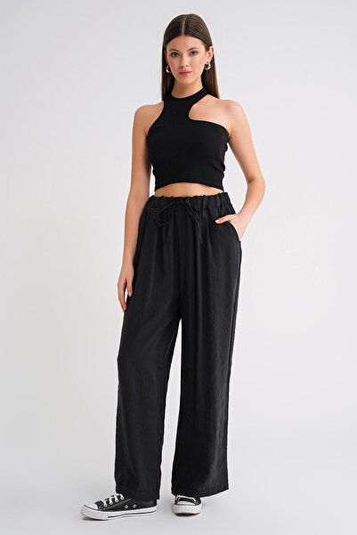 Mixray 4627 Women's Wide Leg Pleated Waist Palazzo Wide Fit Trousers Black