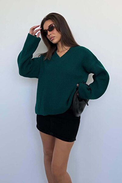 Madmext Petrol Yeşili V Yaka Triko Kadın Kazak Mg2501