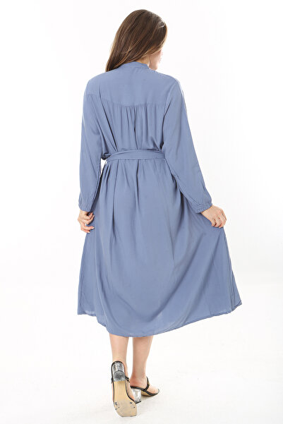 Şans Women's Plus Size Blue Front Buttoned Robe Gathered Long Belted Dress 65N37882