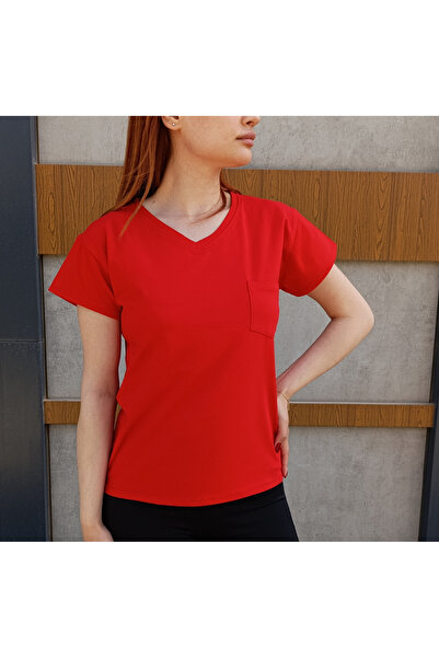 siyalife V-Neck Basic Red Women's T-Shirt with Pocket Detail