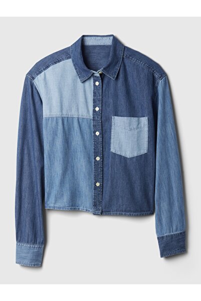 GAP Kadın Mavi Crop Patchwork Denim Gömlek