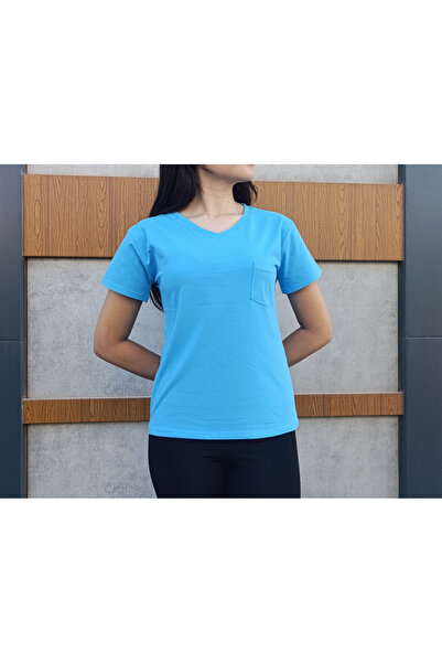 siyalife V-izrez Sa detaljem džepa Ženska plava T-shirt -majica