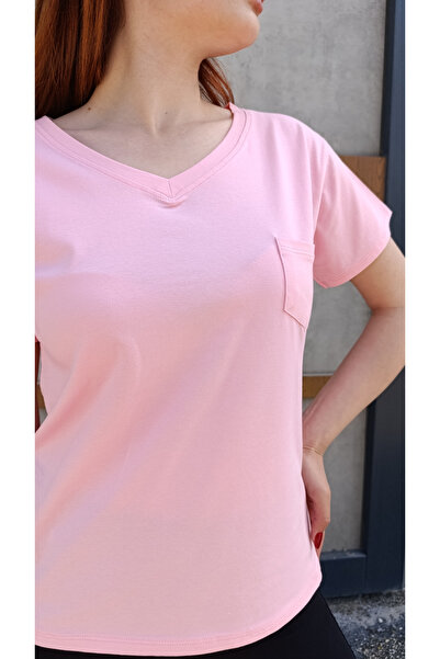 siyalife تي شيرت نسائي وردي أساسي بجيب ورقبة على شكل حرف V