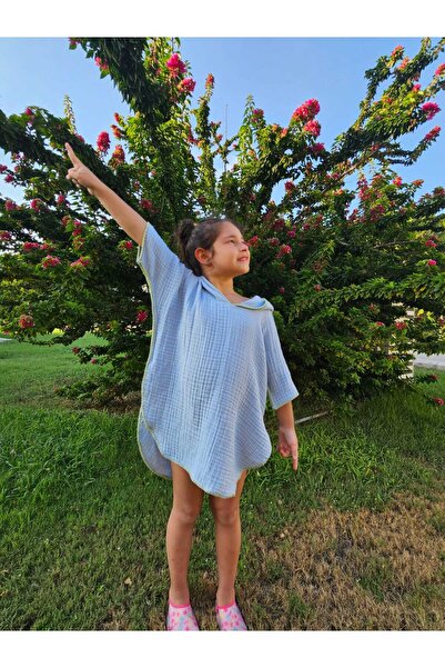 Mia Mina Home Baby Παιδικό πανσό με με κουκούλα στρώσεις μουσελίνας, ραμμένο με λιμάδες, μπλε χρώμα