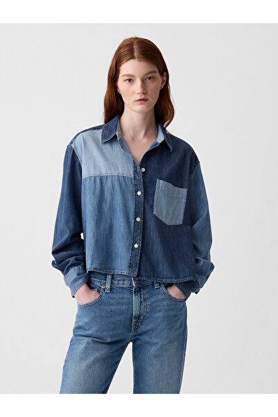 GAP Kadın Mavi Crop Patchwork Denim Gömlek