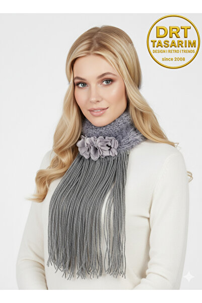 drt tasarım Uzun Püsküllü Boyunluk Gri Peluş Tüylü