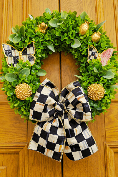 Ella's Design Studio Kapı Süsü Model 4, Mackenzie Childs Kurdeleli Kapı Çelengi, Yeni Ev Hediyesi, Çap 40cm