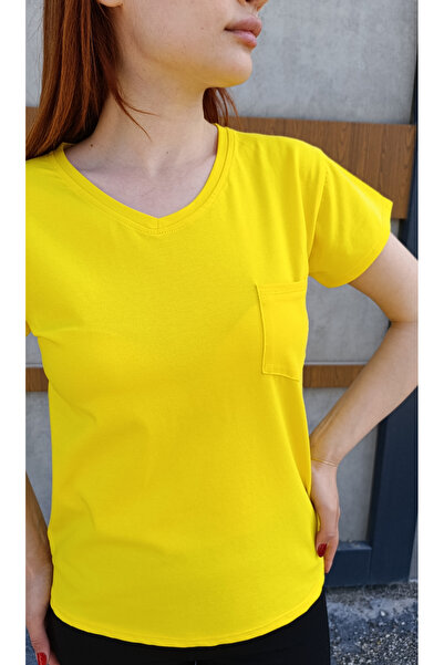 siyalife Tricou de bază galben pentru femei cu decolteu în V și detaliu de bu...