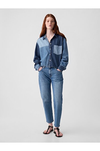 GAP Kadın Mavi Crop Patchwork Denim Gömlek
