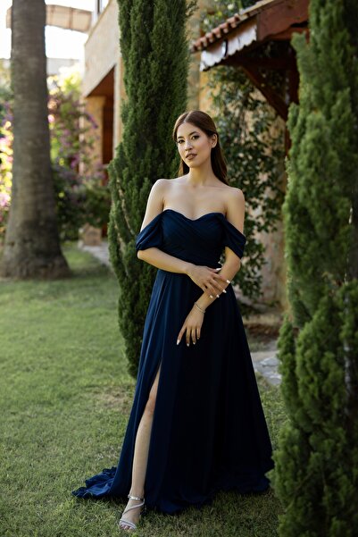 berissima bride Lotus Drapeli Düşük Kol Şifon Abiye Elbise