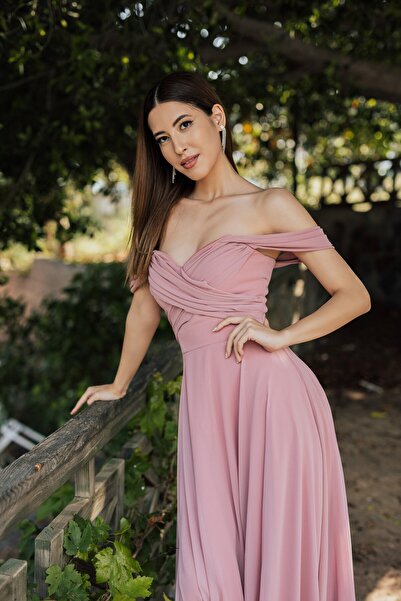 berissima bride Lotus Drapeli Düşük Kol Şifon Abiye Elbise