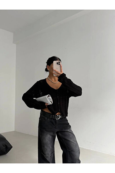 Zerenyus Small Knitted Knitwear Cardigan with Small Buttons Black