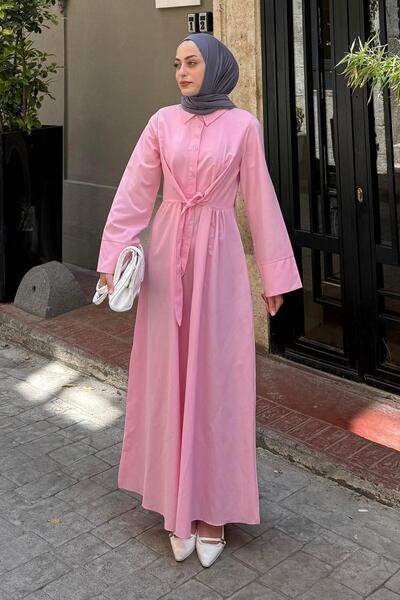 lamelif Front Tie Detailed Hijab Dress Pink
