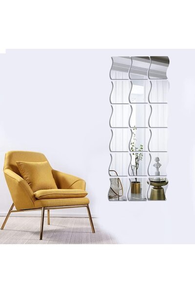 eZmart Set 18 Oglinzi Acrilice Autoadezive, Model Valuri, Argintiu, 19x17 cm,