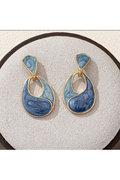 Tudivanyu Aksesuar Geometrik Şık Sallantılı Parlak Mavi Damla Küpe