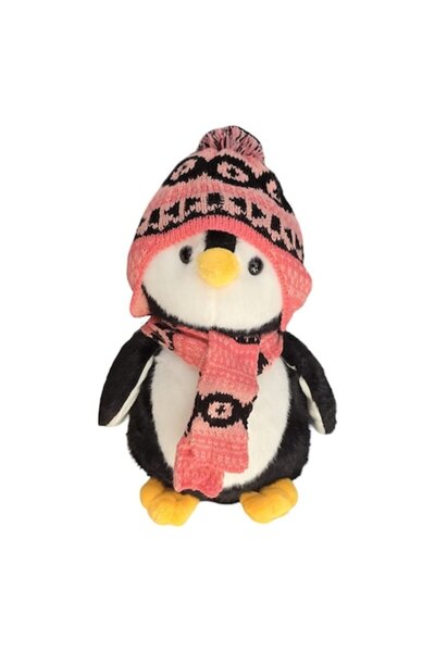 MASHASHOP Pinguin de plus, realist, caciula si fular, roz/multicolor, 30 cm