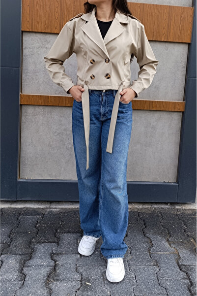 siyalife Double-Breasted Collar Belted Buttoned Short Beige Trench Coat