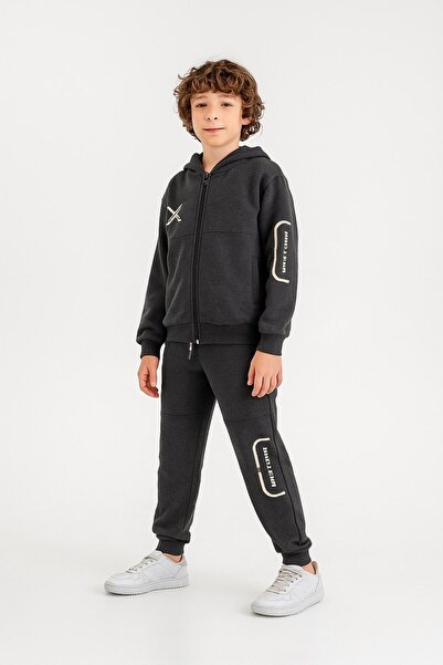Ege Bebek Boy's Zippered Hooded Jacket and Cardigan Tracksuit Set for Ages 7-8-9-10-11-12-13-14