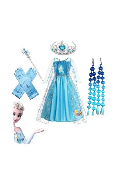 3b kids rochie costum Elsa Frozen + păr cu bule Elsa + coroană Elsa + mănuși ...