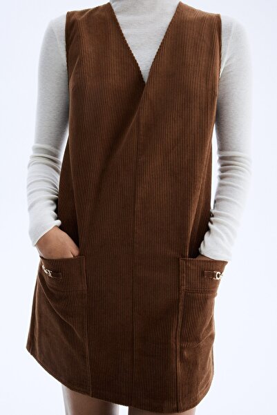 H&M Düz Kesim Fitilli Kadife Elbise