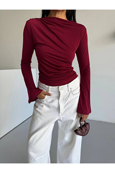 hazelin Women's Burgundy Drape Detailed Spanish Sleeve Sany Blouse Hzl25W-Fry123431